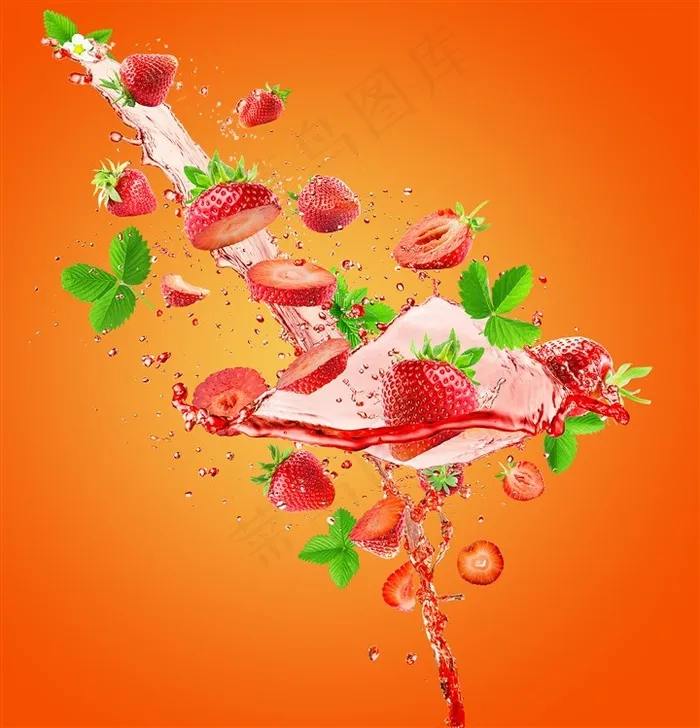 橘红色背景上漂浮的草莓和果汁高清图片