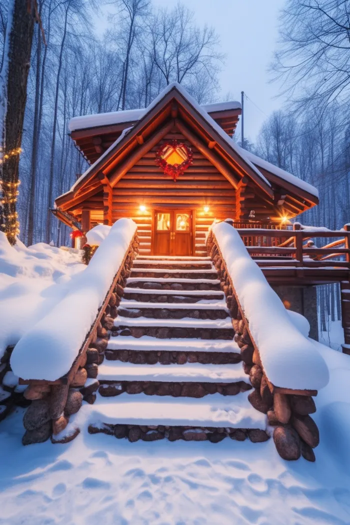 冬天雪景森林小木屋温暖摄影图