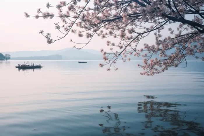 湖水很平静，上面有树枝和花朵，还有一艘船摄影图桌面壁纸