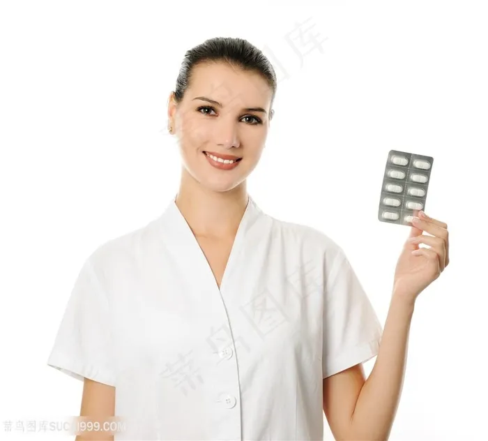 女性服务人员拿药片高清图片
