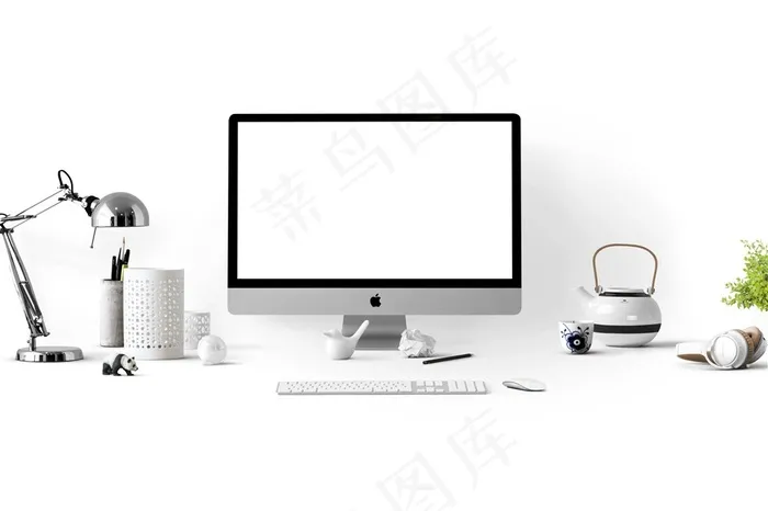 白色广告商务桌面上放电脑键盘鼠标台灯办公