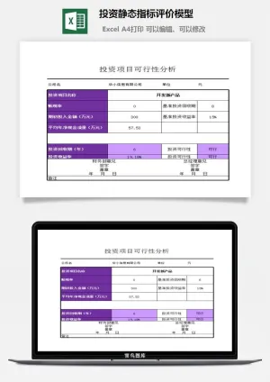 投资静态指标评价模型excel模板预览图