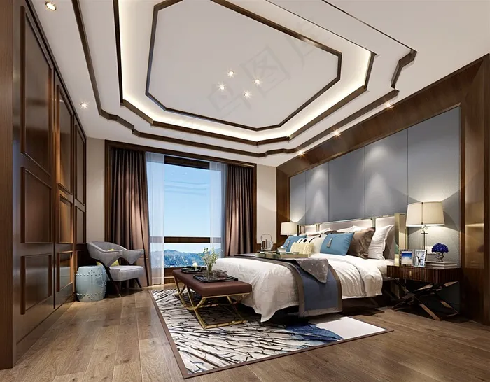 钻石形状吊顶装饰卧室装修效果图新中式风格设计
