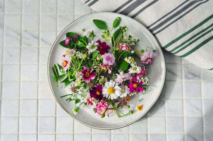鲜花彩色花朵碟子摆盘简约摄影图