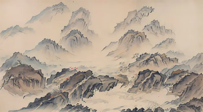 大气写意中国传统工笔画山水插画壁纸-重峦叠嶂