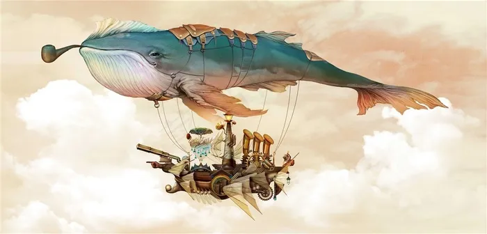 鲸鱼飞行器手绘CG动漫插画