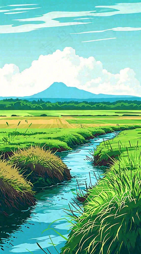 日本卡通绿色手绘乡村田野春天稻田