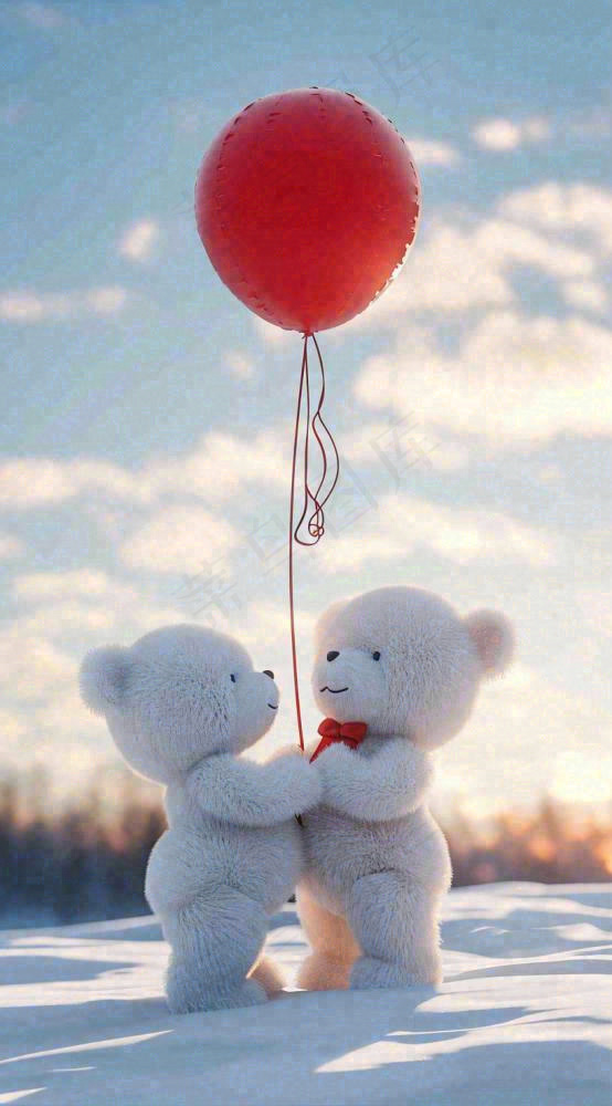 冬天爱心气球小熊浪漫情人节情人温馨，冬至小雪大雪摄影图
