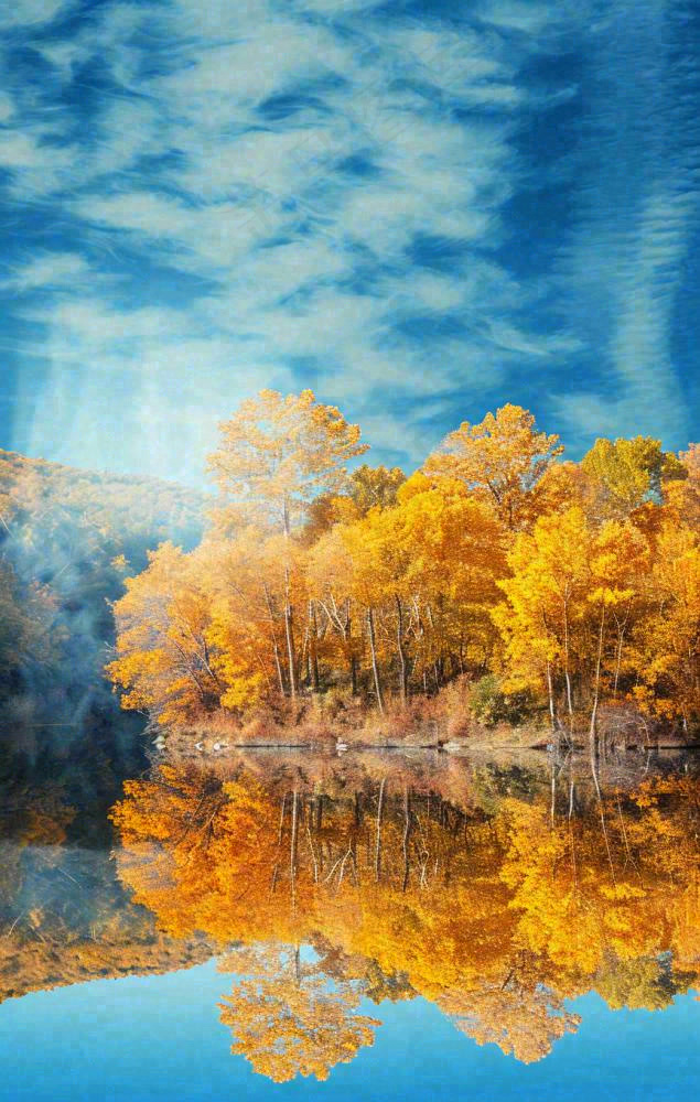 秋天蓝天阳光秋叶树木湖面水中倒影，秋分寒露摄影图