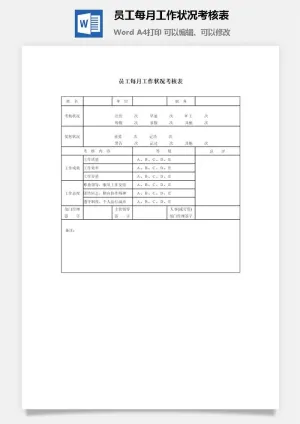 员工每月工作状况考核表word模板预览图