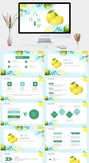 橙子背景八月你好ppt模板预览图