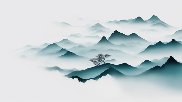 大气写意中国传统水墨画山水插画壁纸-万径