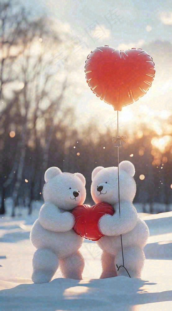 冬天爱心气球小熊浪漫情人节情人温馨，冬至小雪大雪摄影图