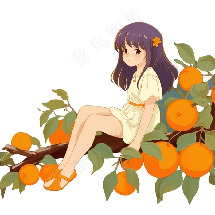 少女女孩坐着柿子树上橙色插画免抠