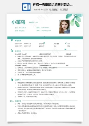 春招一页纸简约清新财务会计简历模板预览图