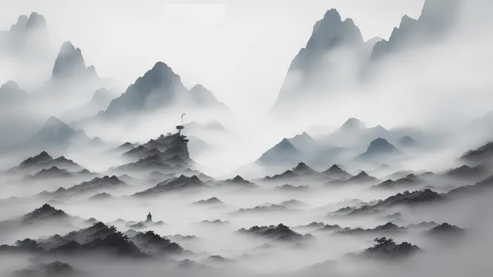 大气写意中国传统水墨画山水插画壁纸-风云
