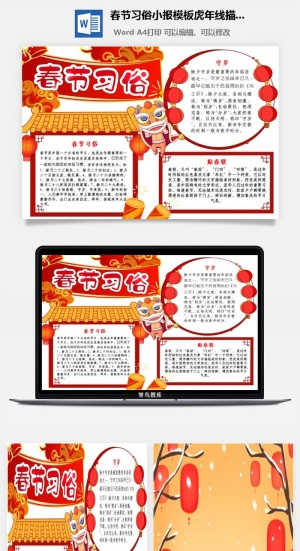 春节习俗小报模板虎年线描A4手抄报预览图