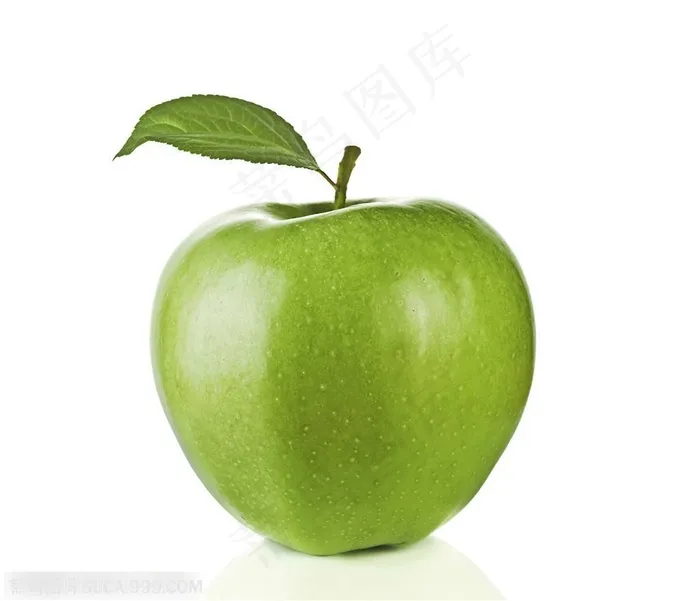 新鲜水果-带叶子的新鲜青苹果特写水果图片
