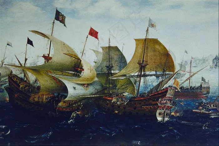 欧洲中世纪大海帆船出航旗帜油画