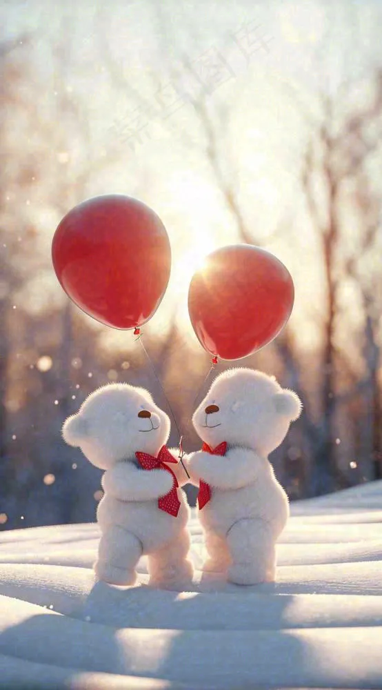 冬天雪地可爱小熊爱情情侣温馨，情人节520爱心摄影图