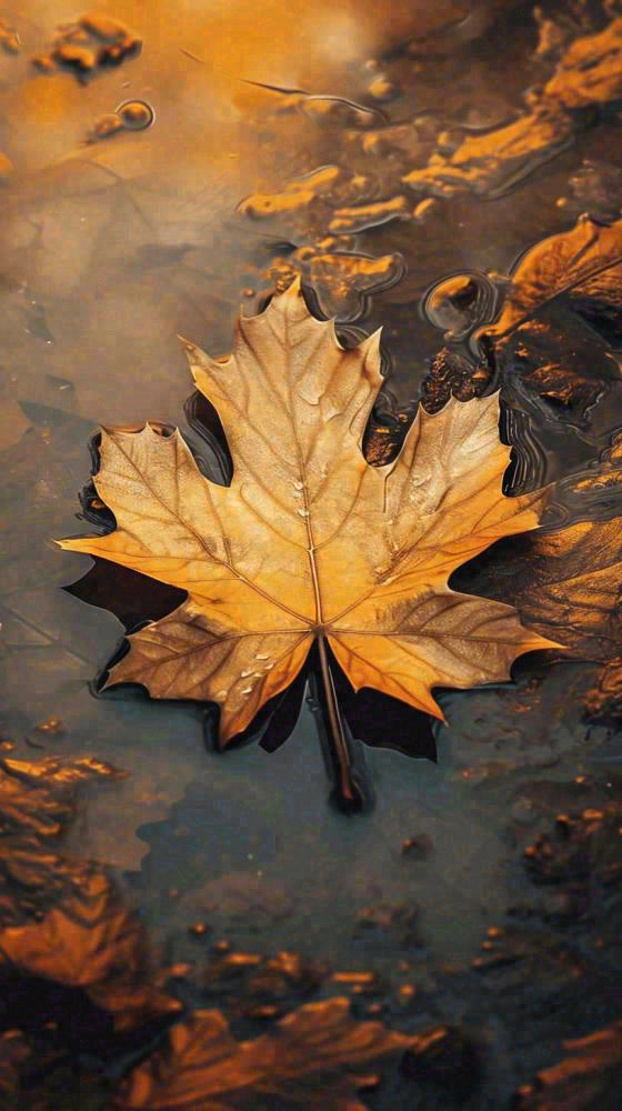 秋天黄色秋叶落叶雨天特写故事感，秋分立秋摄影图