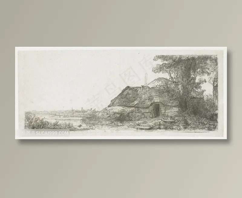伦勃朗素描线稿农房大树风景画