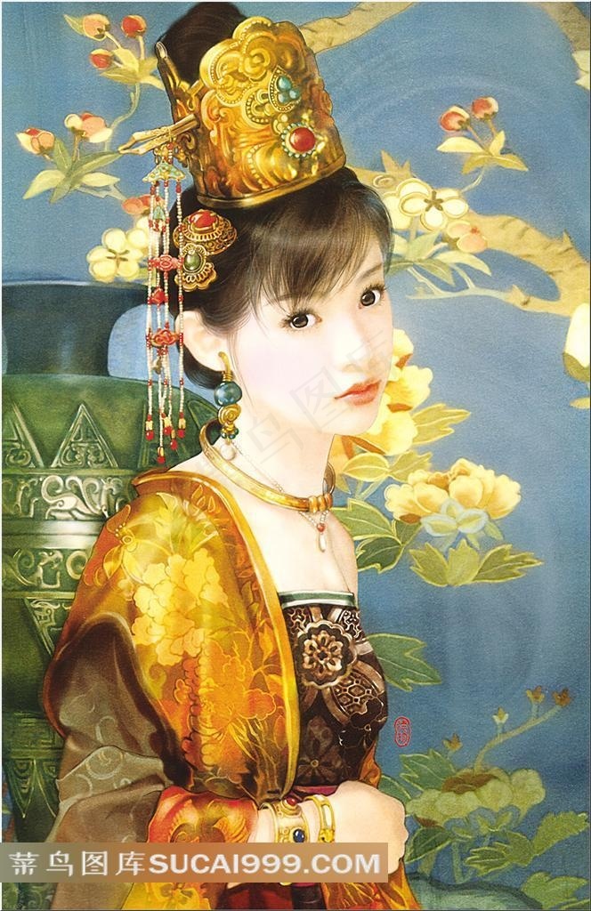 手绘古典美女古代美人桌面壁纸花绘画图片 菜鸟图库