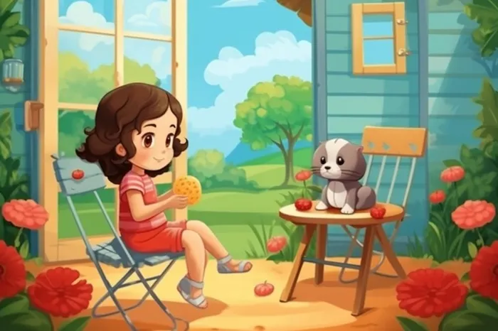 夏日清新女孩吃水果小猫背景