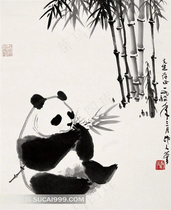 中国画大熊猫吃竹子