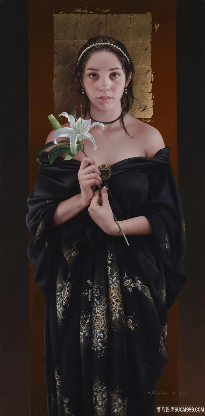 拿着喇叭花的黑衣女人油画装饰画油画图片