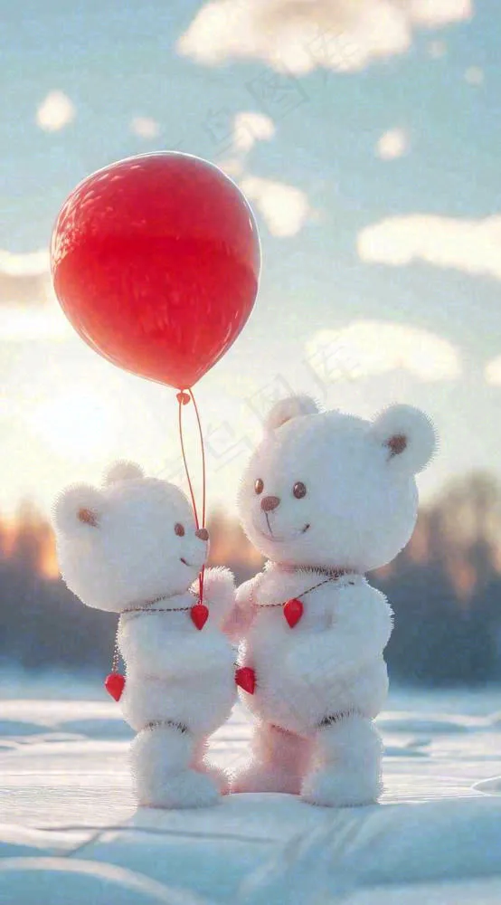 冬天爱心气球小熊浪漫情人节情人温馨，冬至小雪大雪摄影图