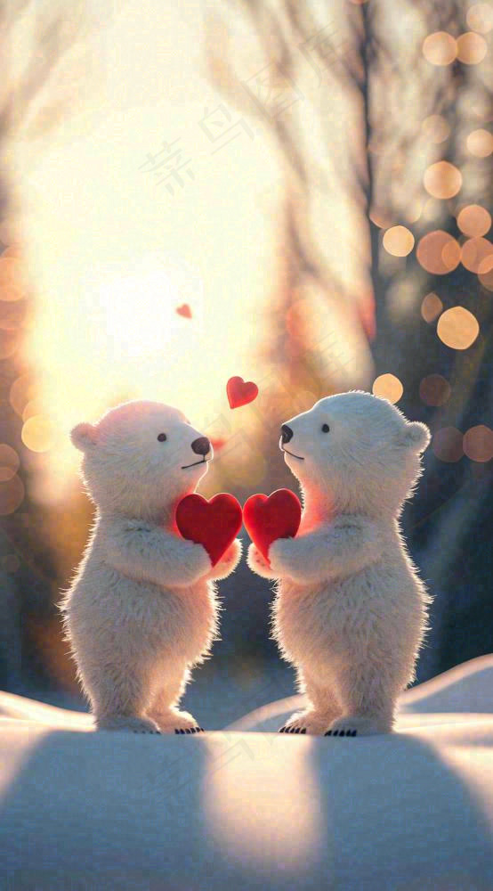 冬天雪地可爱小熊爱情情侣温馨，情人节520爱心摄影图
