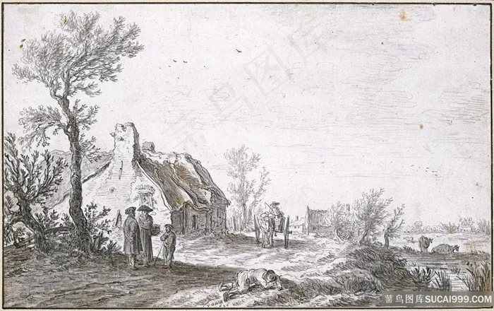扬·范霍延(1595-1656)(荷兰)-乡村道路素描风景画油画图片