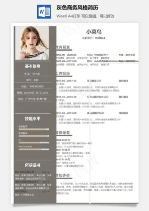 灰色商务风格简历预览图