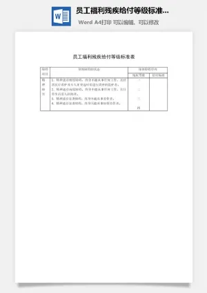 员工福利残疾给付等级标准表word模板预览图