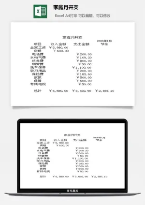 家庭月开支excel模板预览图