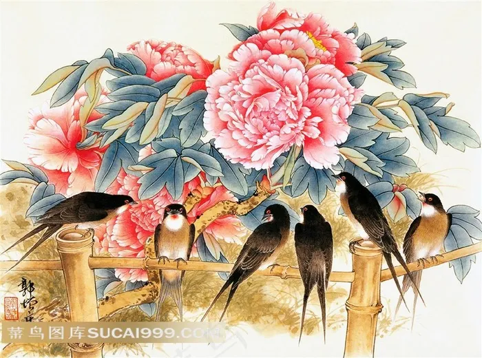燕子牡丹花艺术图片