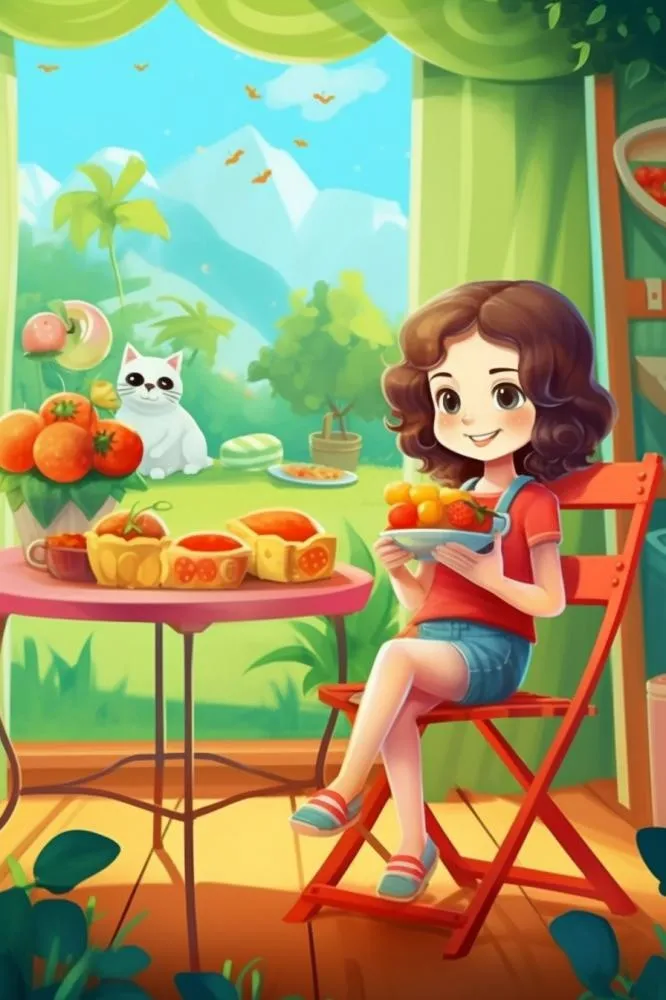 夏日清新女孩吃水果小猫背景