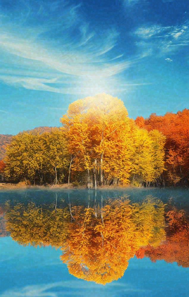 秋天蓝天阳光秋叶树木湖面水中倒影，秋分寒露摄影图