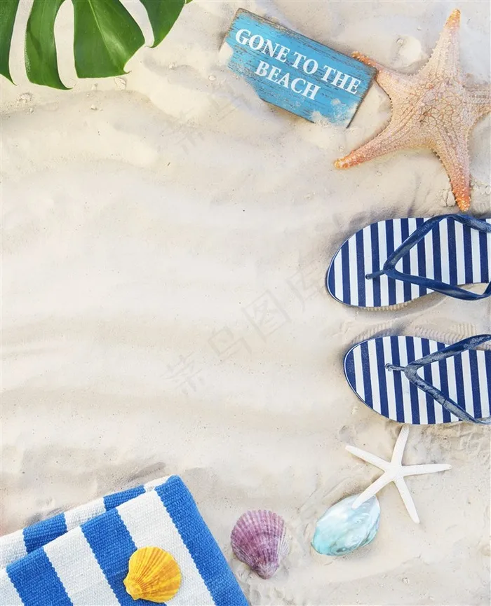 夏日海滩沙滩度假海星龟背竹人字拖高清图片