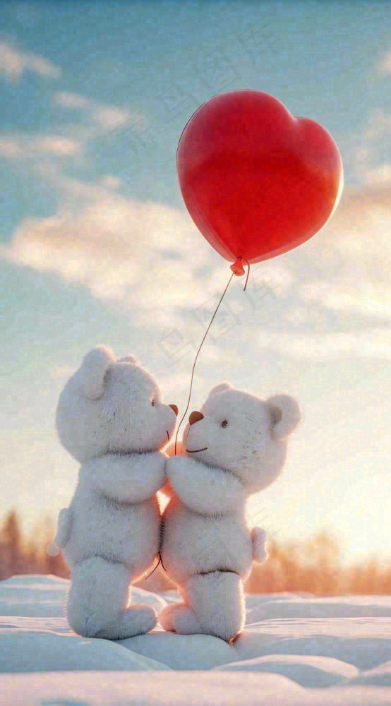 冬天爱心气球小熊浪漫情人节情人温馨，冬至小雪大雪摄影图