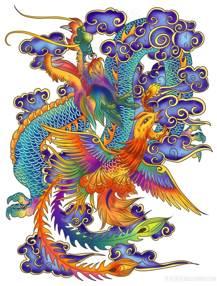 龙凤呈祥国画戏珠壁画高清喷绘打印素材年画凤凰火鸟