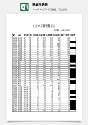 商品短缺表excel模板预览图