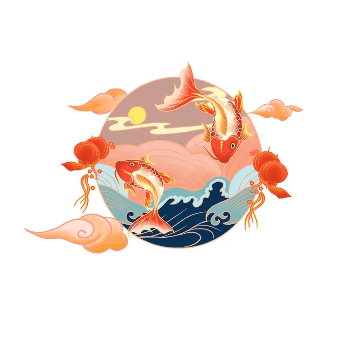 手绘国潮古风喜庆铜钱锦鲤鱼金鱼荷花插画场景装饰psd设计素psd模版