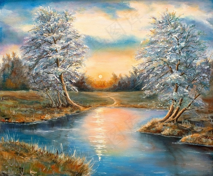 唯美冬季风景油画高清素材图片