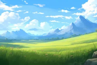 卡通插画春天蓝天白云下的草原山川