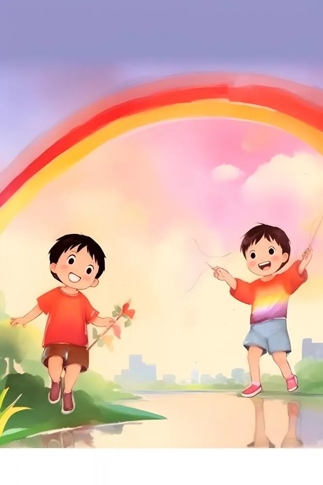 儿童在草坪上玩耍彩虹天空卡通背景