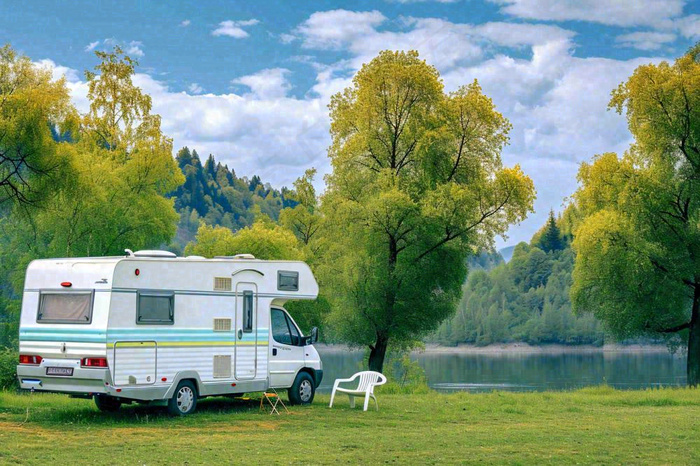 野外露营湖边停着一辆房车，野餐，春游摄影图