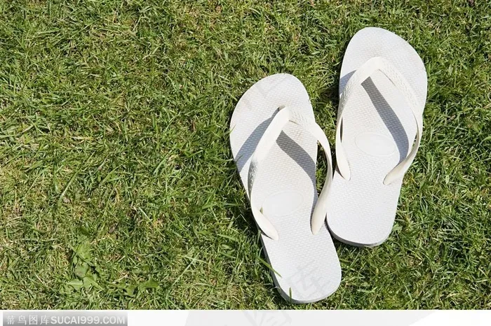 夏季符号-草地上白色的人字拖鞋