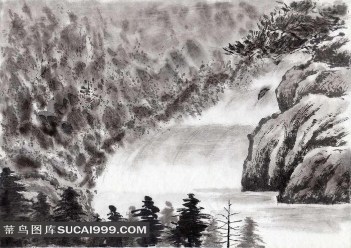 山间流水水墨画图片 - 菜鸟图库